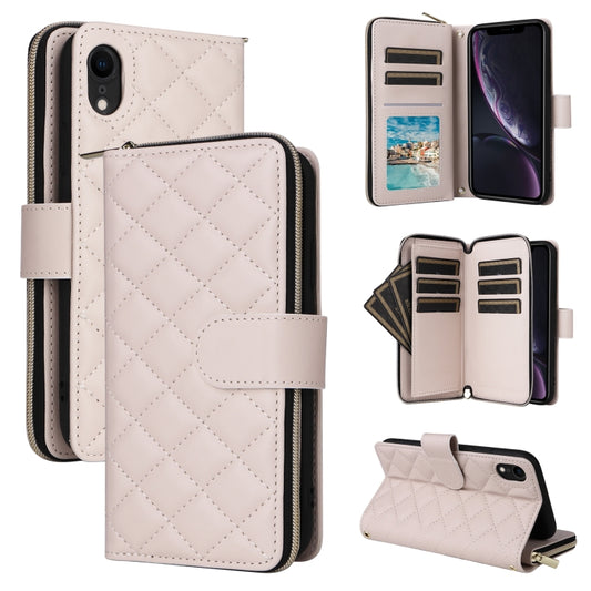 For iPhone XR Crossbody Rhombic Zipper Tower Buckle Leather Phone Case with Lanyard(Beige) - More iPhone Cases by buy2fix | Online Shopping UK | buy2fix
