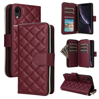 For iPhone XR Crossbody Rhombic Zipper Tower Buckle Leather Phone Case with Lanyard(Wine Red) - More iPhone Cases by buy2fix | Online Shopping UK | buy2fix