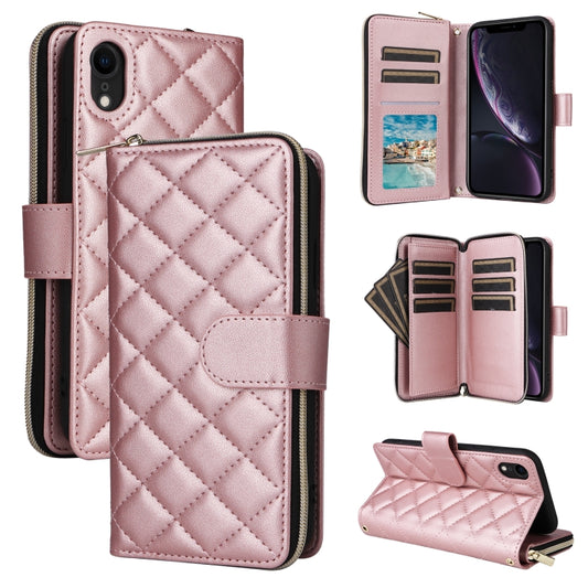 For iPhone XR Crossbody Rhombic Zipper Tower Buckle Leather Phone Case with Lanyard(Rose Gold) - More iPhone Cases by buy2fix | Online Shopping UK | buy2fix
