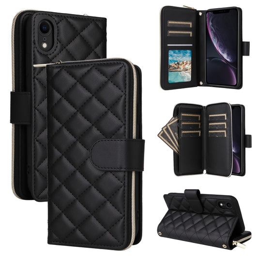 For iPhone XR Crossbody Rhombic Zipper Tower Buckle Leather Phone Case with Lanyard(Black) - More iPhone Cases by buy2fix | Online Shopping UK | buy2fix