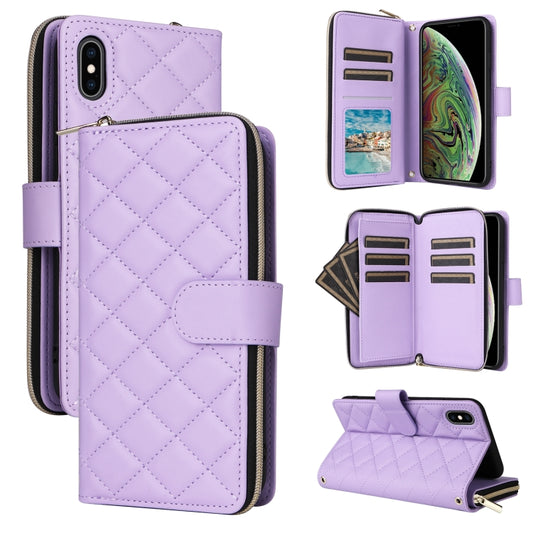 For iPhone XS Max Crossbody Rhombic Zipper Tower Buckle Leather Phone Case with Lanyard(Purple) - More iPhone Cases by buy2fix | Online Shopping UK | buy2fix