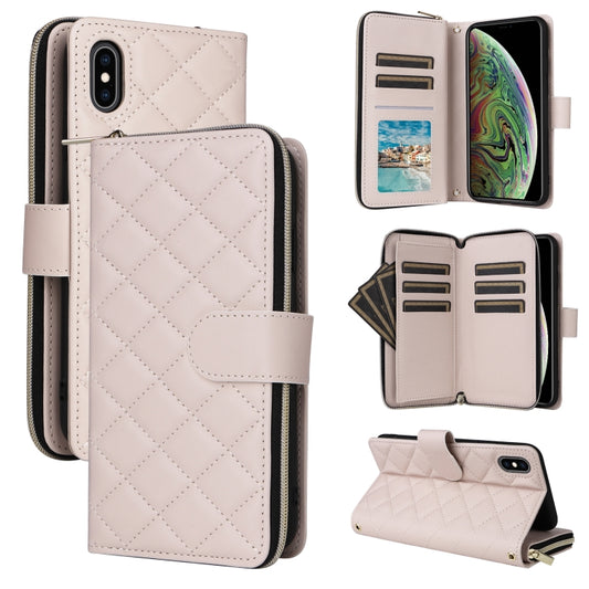 For iPhone XS Max Crossbody Rhombic Zipper Tower Buckle Leather Phone Case with Lanyard(Beige) - More iPhone Cases by buy2fix | Online Shopping UK | buy2fix