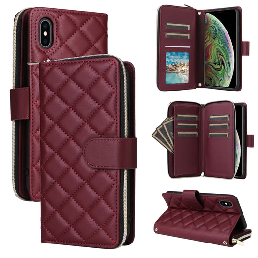 For iPhone XS Max Crossbody Rhombic Zipper Tower Buckle Leather Phone Case with Lanyard(Wine Red) - More iPhone Cases by buy2fix | Online Shopping UK | buy2fix