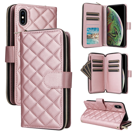 For iPhone XS Max Crossbody Rhombic Zipper Tower Buckle Leather Phone Case with Lanyard(Rose Gold) - More iPhone Cases by buy2fix | Online Shopping UK | buy2fix