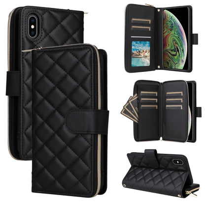 For iPhone XS Max Crossbody Rhombic Zipper Tower Buckle Leather Phone Case with Lanyard(Black) - More iPhone Cases by buy2fix | Online Shopping UK | buy2fix