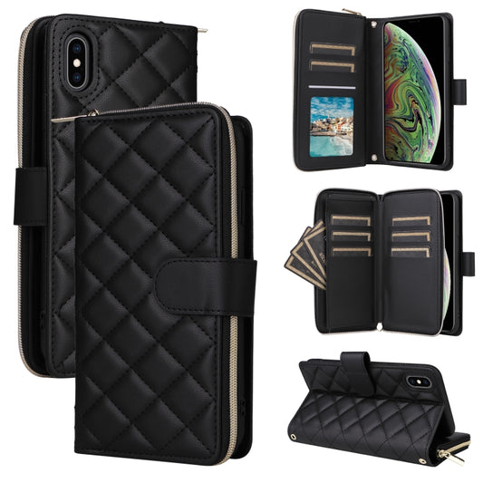 For iPhone XS Max Crossbody Rhombic Zipper Tower Buckle Leather Phone Case with Lanyard(Black) - More iPhone Cases by buy2fix | Online Shopping UK | buy2fix