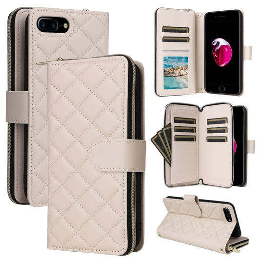 For iPhone 8 Plus / 7 Plus Crossbody Rhombic Zipper Tower Buckle Leather Phone Case with Lanyard(Beige) - More iPhone Cases by buy2fix | Online Shopping UK | buy2fix