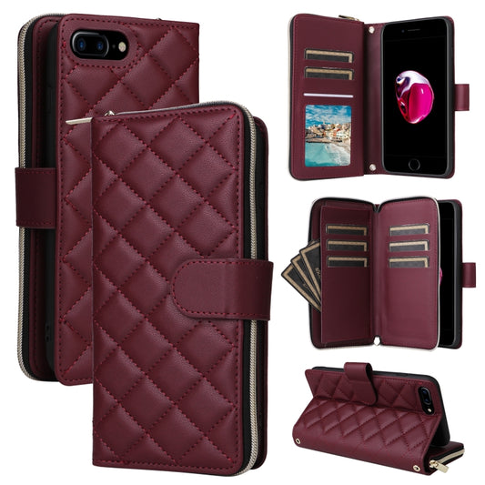 For iPhone 8 Plus / 7 Plus Crossbody Rhombic Zipper Tower Buckle Leather Phone Case with Lanyard(Wine Red) - More iPhone Cases by buy2fix | Online Shopping UK | buy2fix