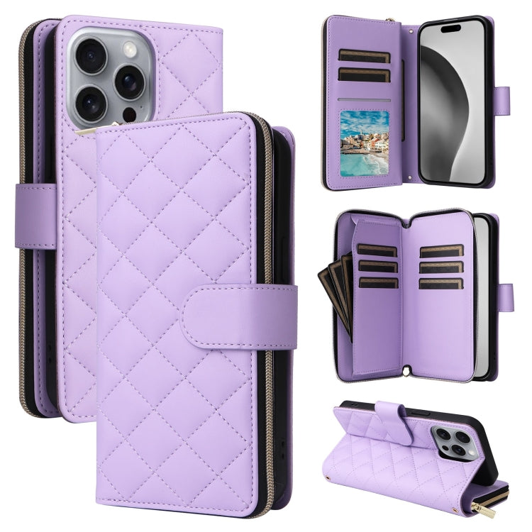 For iPhone 16 Pro Max Crossbody Rhombic Zipper Tower Buckle Leather Phone Case with Lanyard(Purple) by buy2fix