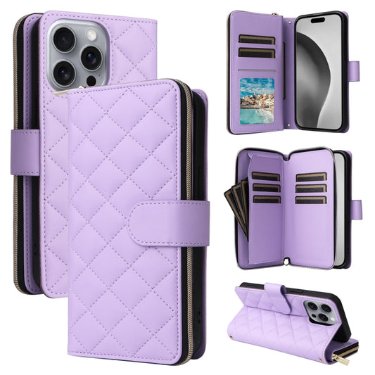 For iPhone 16 Pro Max Crossbody Rhombic Zipper Tower Buckle Leather Phone Case with Lanyard(Purple) by buy2fix