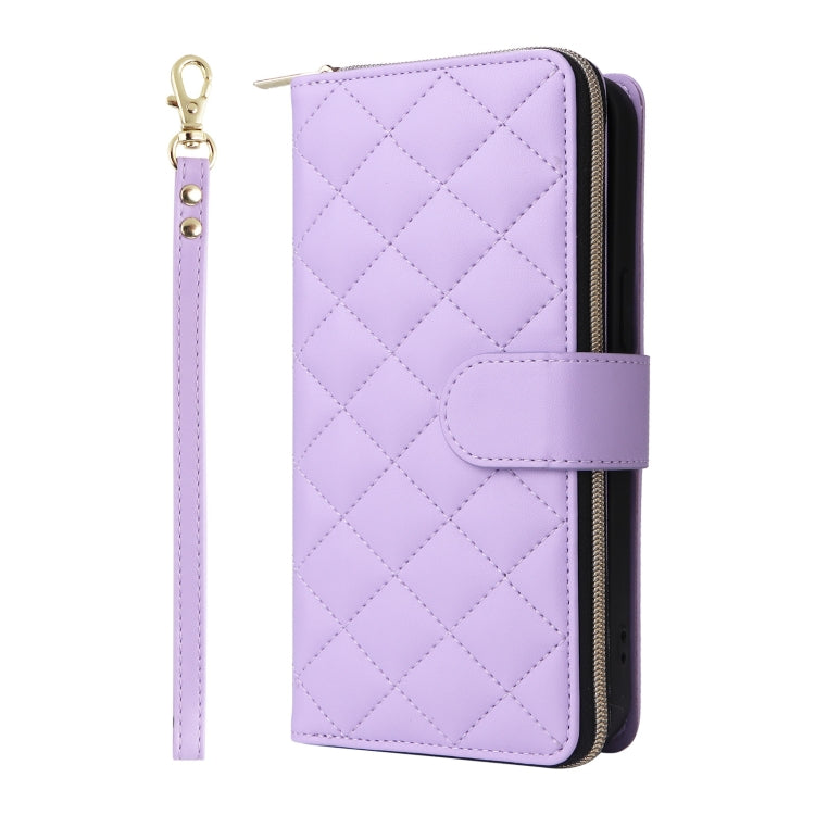 For iPhone 16 Pro Max Crossbody Rhombic Zipper Tower Buckle Leather Phone Case with Lanyard(Purple) by buy2fix