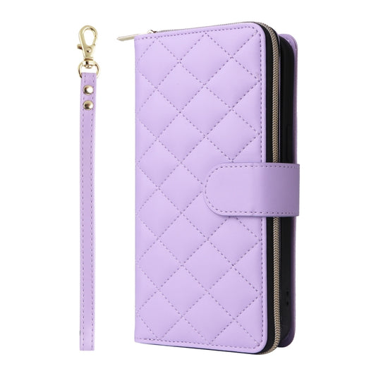 For iPhone 16 Pro Max Crossbody Rhombic Zipper Tower Buckle Leather Phone Case with Lanyard(Purple) by buy2fix