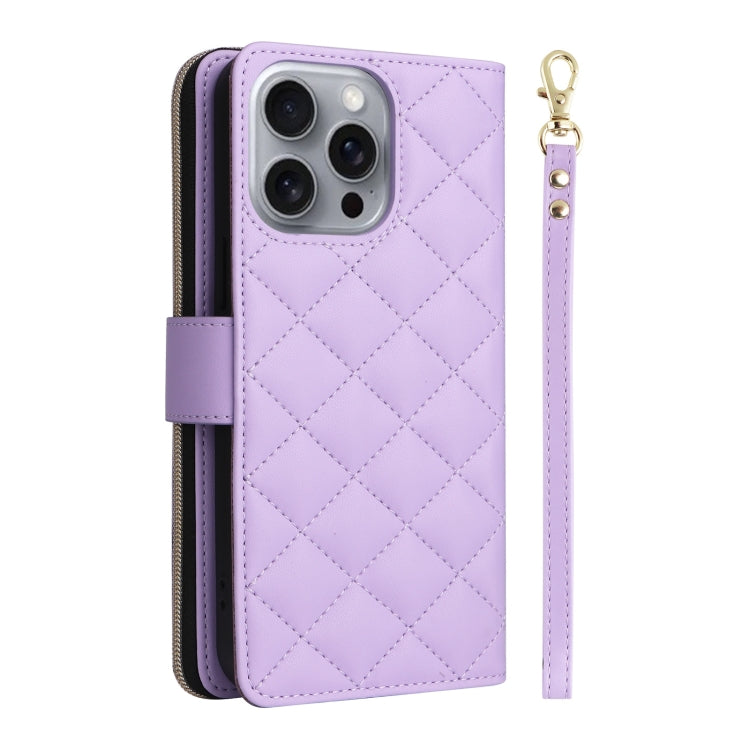 For iPhone 16 Pro Max Crossbody Rhombic Zipper Tower Buckle Leather Phone Case with Lanyard(Purple) by buy2fix