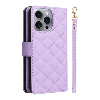 For iPhone 16 Pro Max Crossbody Rhombic Zipper Tower Buckle Leather Phone Case with Lanyard(Purple) by buy2fix