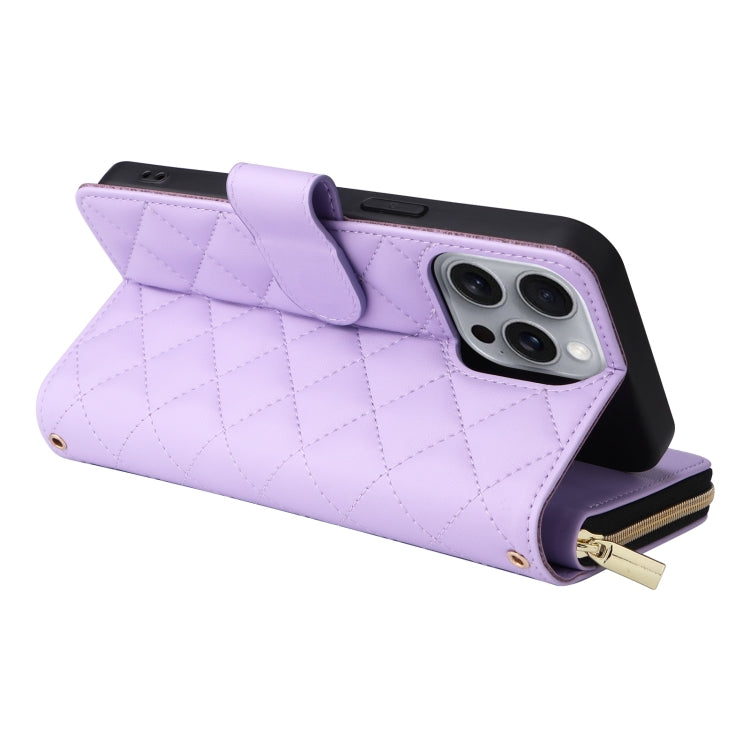 For iPhone 16 Pro Max Crossbody Rhombic Zipper Tower Buckle Leather Phone Case with Lanyard(Purple) by buy2fix