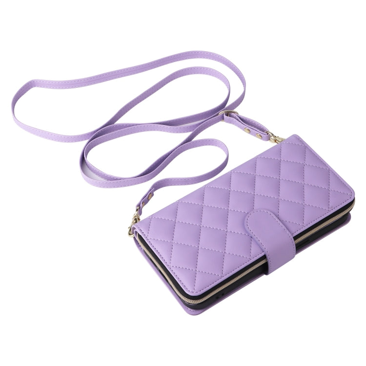 For iPhone 16 Pro Max Crossbody Rhombic Zipper Tower Buckle Leather Phone Case with Lanyard(Purple) by buy2fix