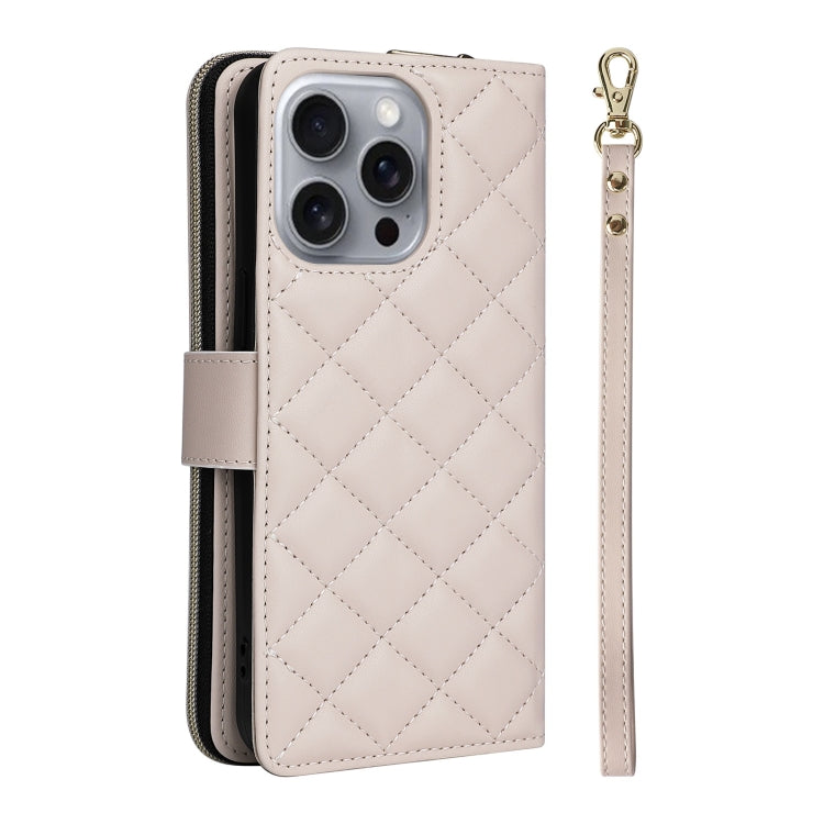 For iPhone 16 Pro Max Crossbody Rhombic Zipper Tower Buckle Leather Phone Case with Lanyard(Beige) by buy2fix