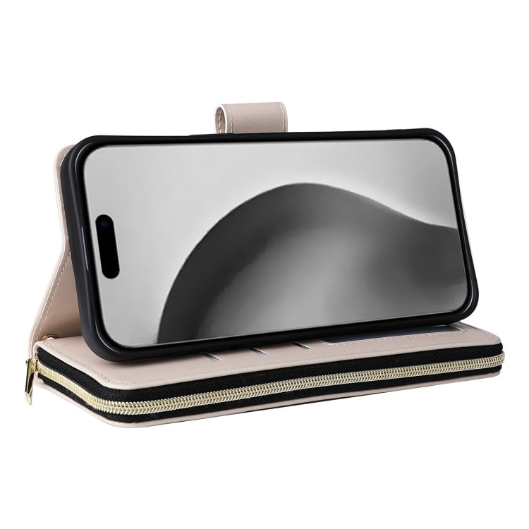 For iPhone 16 Pro Max Crossbody Rhombic Zipper Tower Buckle Leather Phone Case with Lanyard(Beige) by buy2fix