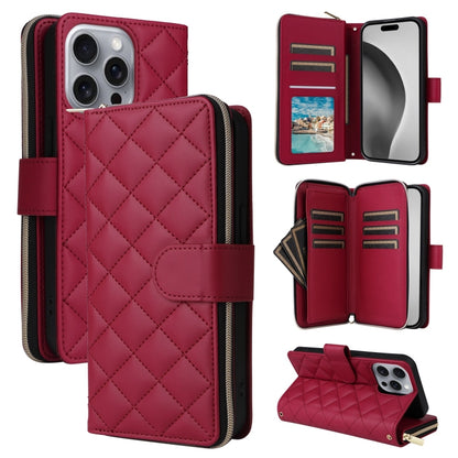 For iPhone 16 Pro Max Crossbody Rhombic Zipper Tower Buckle Leather Phone Case with Lanyard(Wine Red) - iPhone 16 Pro Max Cases by buy2fix | Online Shopping UK | buy2fix