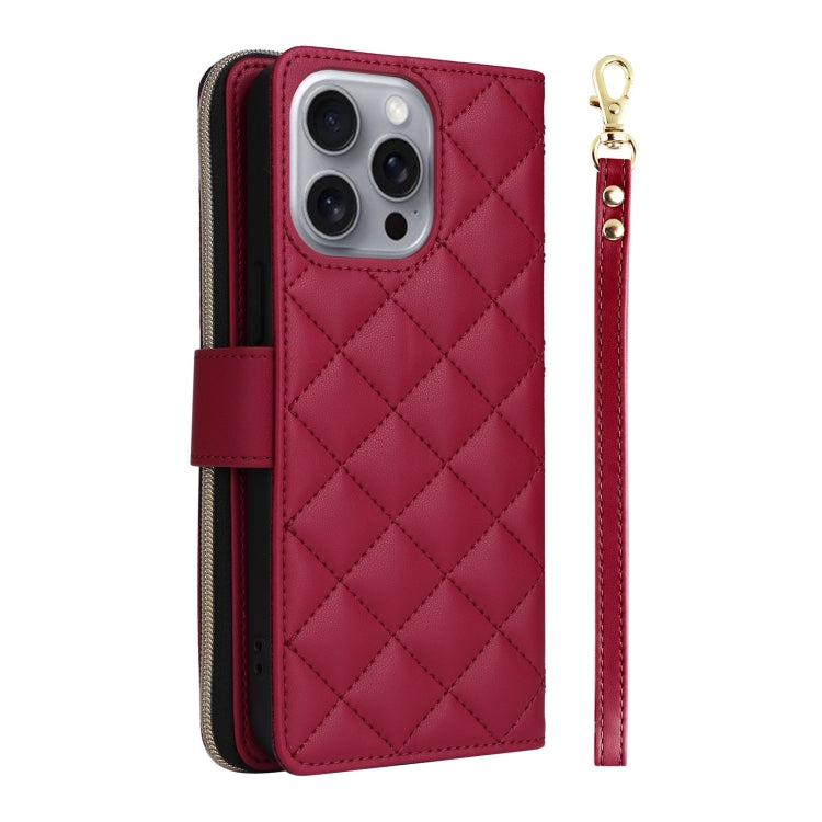For iPhone 16 Pro Max Crossbody Rhombic Zipper Tower Buckle Leather Phone Case with Lanyard(Wine Red) - iPhone 16 Pro Max Cases by buy2fix | Online Shopping UK | buy2fix