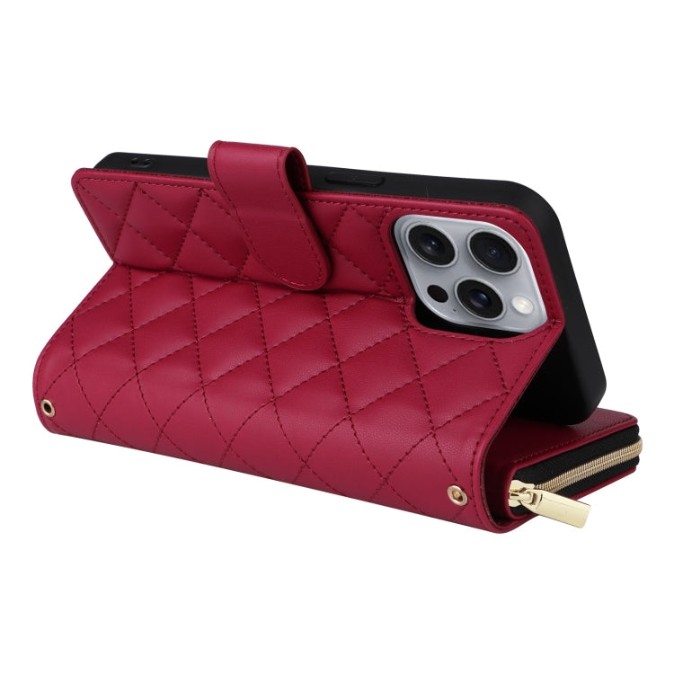 For iPhone 16 Pro Max Crossbody Rhombic Zipper Tower Buckle Leather Phone Case with Lanyard(Wine Red) - iPhone 16 Pro Max Cases by buy2fix | Online Shopping UK | buy2fix