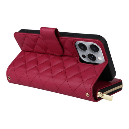 For iPhone 16 Pro Max Crossbody Rhombic Zipper Tower Buckle Leather Phone Case with Lanyard(Wine Red) - iPhone 16 Pro Max Cases by buy2fix | Online Shopping UK | buy2fix