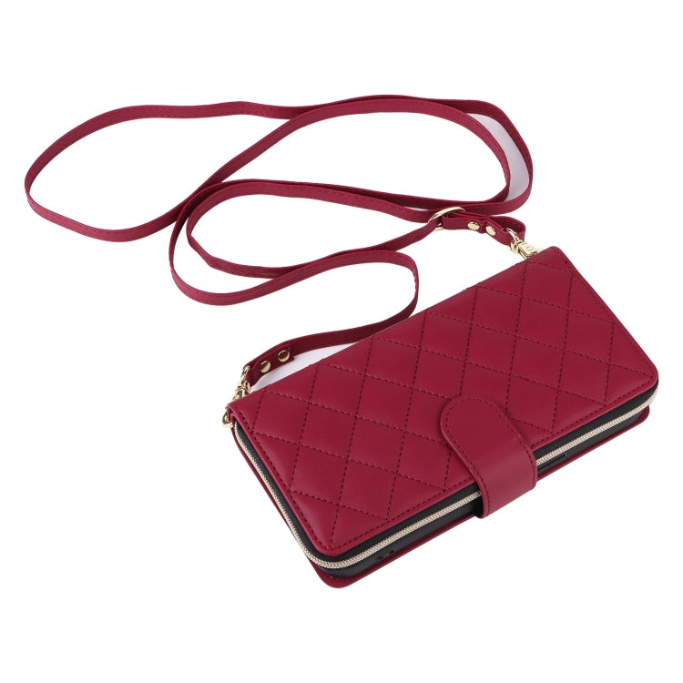 For iPhone 16 Pro Max Crossbody Rhombic Zipper Tower Buckle Leather Phone Case with Lanyard(Wine Red) - iPhone 16 Pro Max Cases by buy2fix | Online Shopping UK | buy2fix