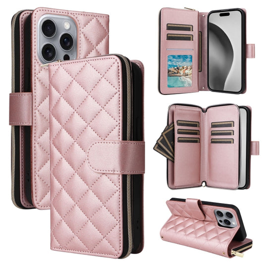 For iPhone 16 Pro Max Crossbody Rhombic Zipper Tower Buckle Leather Phone Case with Lanyard(Rose Gold) - iPhone 16 Pro Max Cases by buy2fix | Online Shopping UK | buy2fix
