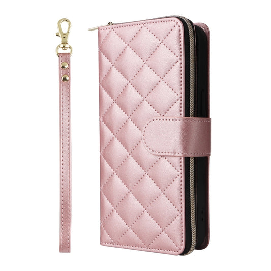 For iPhone 16 Pro Max Crossbody Rhombic Zipper Tower Buckle Leather Phone Case with Lanyard(Rose Gold) - iPhone 16 Pro Max Cases by buy2fix | Online Shopping UK | buy2fix