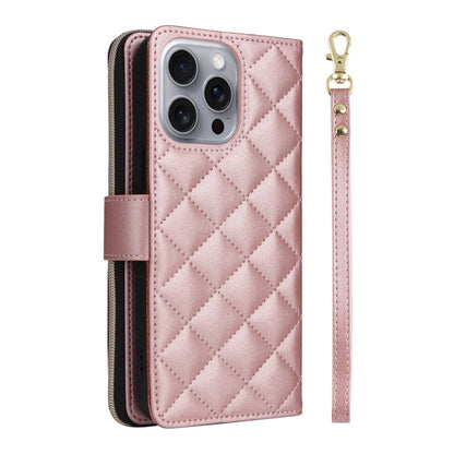 For iPhone 16 Pro Max Crossbody Rhombic Zipper Tower Buckle Leather Phone Case with Lanyard(Rose Gold) - iPhone 16 Pro Max Cases by buy2fix | Online Shopping UK | buy2fix