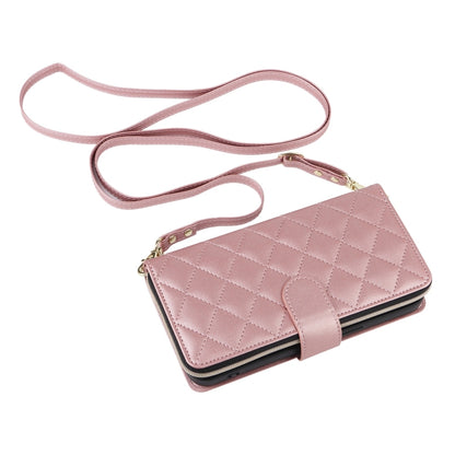 For iPhone 16 Pro Max Crossbody Rhombic Zipper Tower Buckle Leather Phone Case with Lanyard(Rose Gold) - iPhone 16 Pro Max Cases by buy2fix | Online Shopping UK | buy2fix