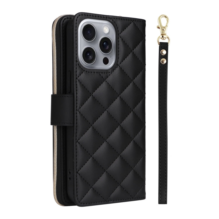 For iPhone 16 Pro Max Crossbody Rhombic Zipper Tower Buckle Leather Phone Case with Lanyard(Black) by buy2fix