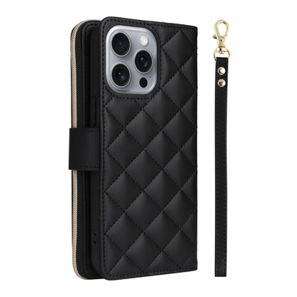 For iPhone 16 Pro Max Crossbody Rhombic Zipper Tower Buckle Leather Phone Case with Lanyard(Black) by buy2fix