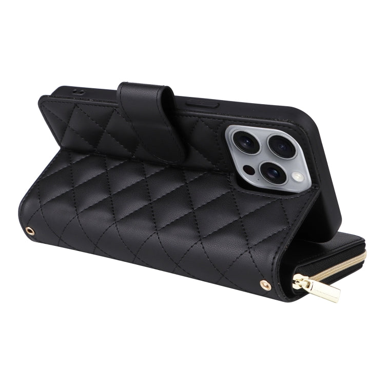 For iPhone 16 Pro Max Crossbody Rhombic Zipper Tower Buckle Leather Phone Case with Lanyard(Black) by buy2fix