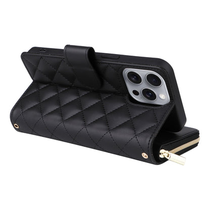 For iPhone 16 Pro Max Crossbody Rhombic Zipper Tower Buckle Leather Phone Case with Lanyard(Black) by buy2fix