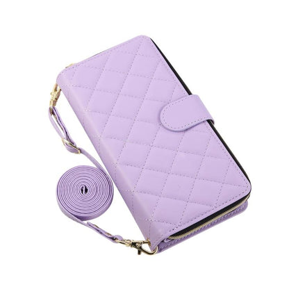 For iPhone Air Crossbody Rhombic Zipper Tower Buckle Leather Phone Case with Lanyard(Purple) - iPhone Air Cases by buy2fix | Online Shopping UK | buy2fix