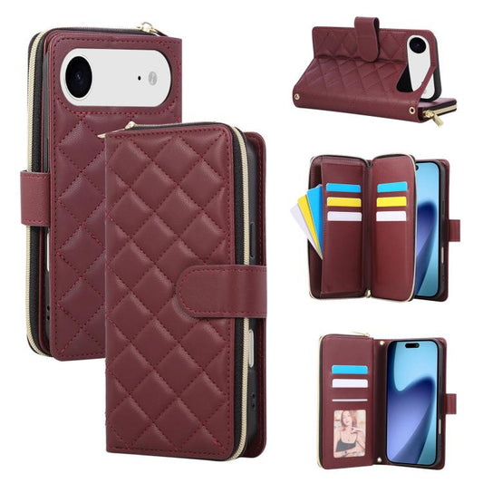 For iPhone Air Crossbody Rhombic Zipper Tower Buckle Leather Phone Case with Lanyard(Wine Red) - iPhone Air Cases by buy2fix | Online Shopping UK | buy2fix