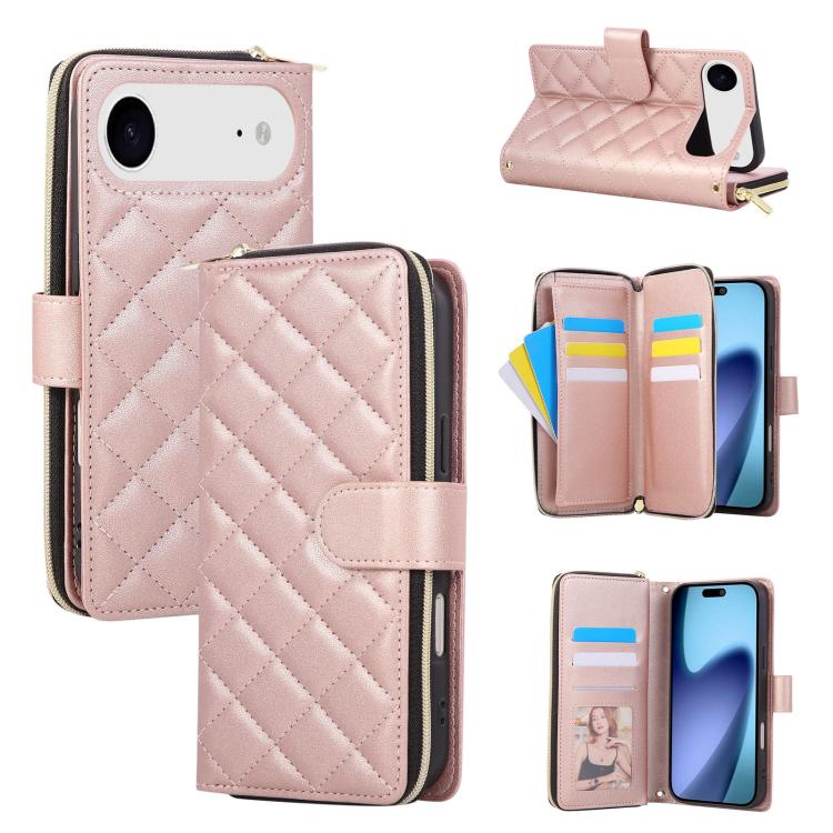 For iPhone Air Crossbody Rhombic Zipper Tower Buckle Leather Phone Case with Lanyard(Rose Gold) - iPhone Air Cases by buy2fix | Online Shopping UK | buy2fix
