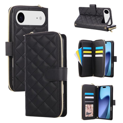 For iPhone Air Crossbody Rhombic Zipper Tower Buckle Leather Phone Case with Lanyard(Black) - iPhone Air Cases by buy2fix | Online Shopping UK | buy2fix