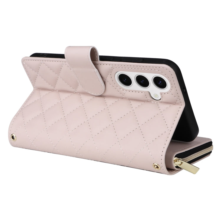 For Samsung Galaxy S25 5G Crossbody Rhombic Zipper Tower Buckle Leather Phone Case with Lanyard(Beige) by buy2fix