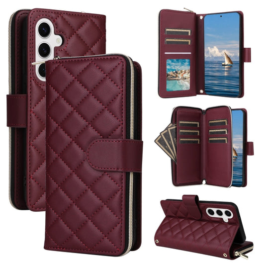 For Samsung Galaxy S25 5G Crossbody Rhombic Zipper Tower Buckle Leather Phone Case with Lanyard(Wine Red) by buy2fix