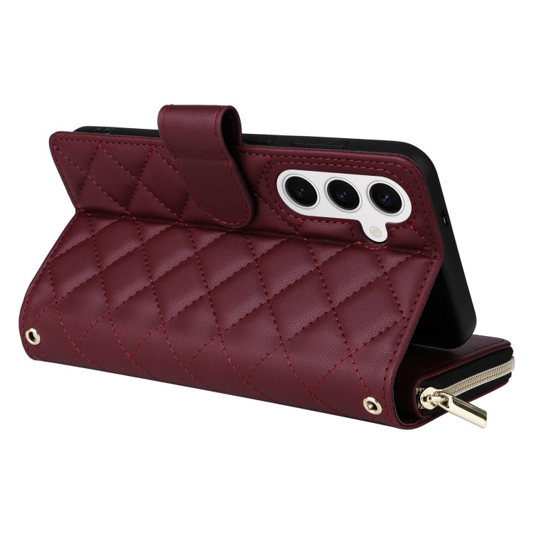 For Samsung Galaxy S25 5G Crossbody Rhombic Zipper Tower Buckle Leather Phone Case with Lanyard(Wine Red) by buy2fix
