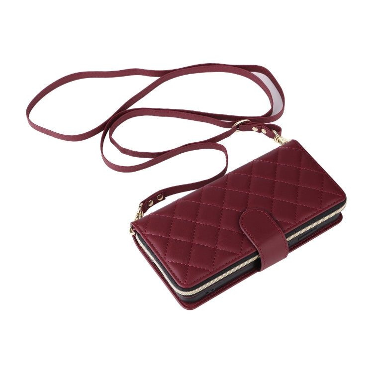 For Samsung Galaxy S25 5G Crossbody Rhombic Zipper Tower Buckle Leather Phone Case with Lanyard(Wine Red) by buy2fix