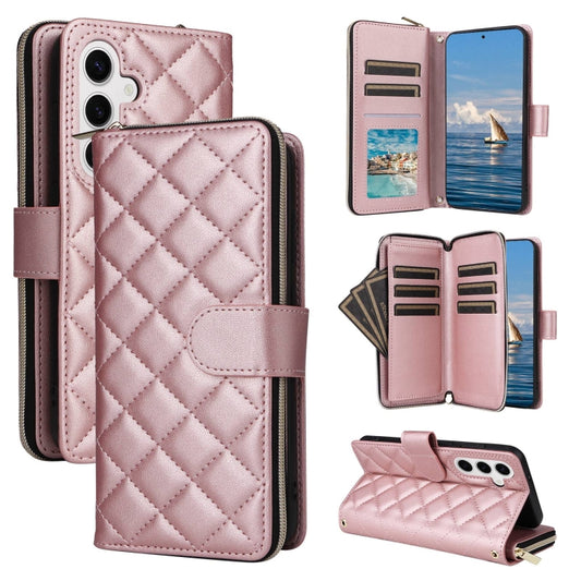 For Samsung Galaxy S25 5G Crossbody Rhombic Zipper Tower Buckle Leather Phone Case with Lanyard(Rose Gold) by buy2fix