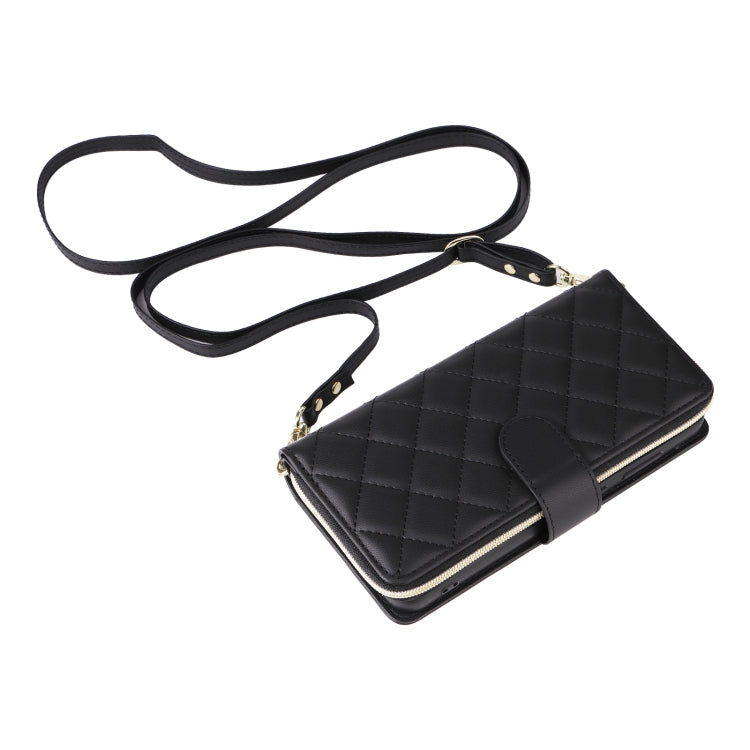 For Samsung Galaxy S25 5G Crossbody Rhombic Zipper Tower Buckle Leather Phone Case with Lanyard(Black) by buy2fix