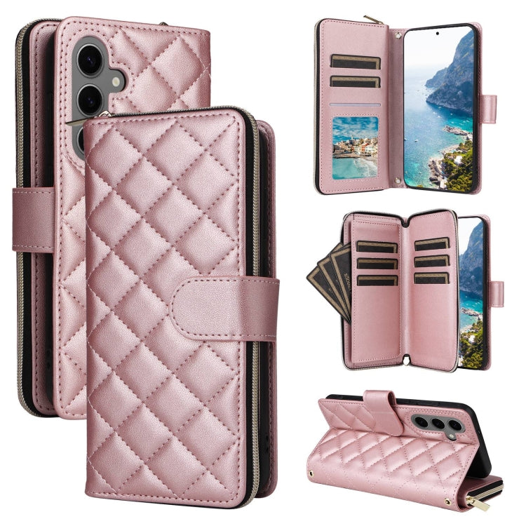 For Samsung Galaxy S25+ 5G Crossbody Rhombic Zipper Tower Buckle Leather Phone Case with Lanyard(Rose Gold) by buy2fix