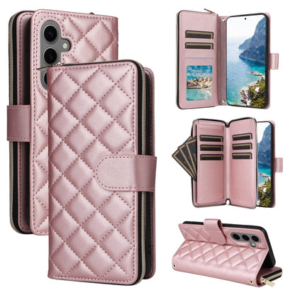 For Samsung Galaxy S25+ 5G Crossbody Rhombic Zipper Tower Buckle Leather Phone Case with Lanyard(Rose Gold) by buy2fix