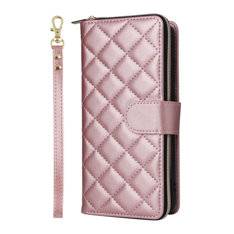 For Samsung Galaxy S25+ 5G Crossbody Rhombic Zipper Tower Buckle Leather Phone Case with Lanyard(Rose Gold) by buy2fix