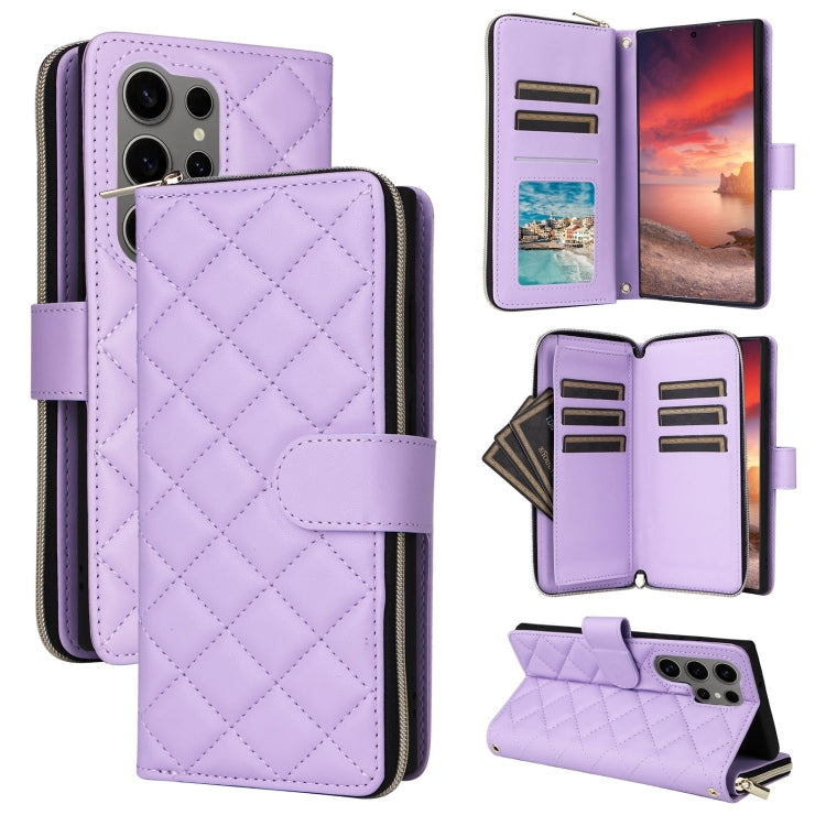 For Samsung Galaxy S25 Ultra 5G Crossbody Rhombic Zipper Tower Buckle Leather Phone Case with Lanyard(Purple) by buy2fix