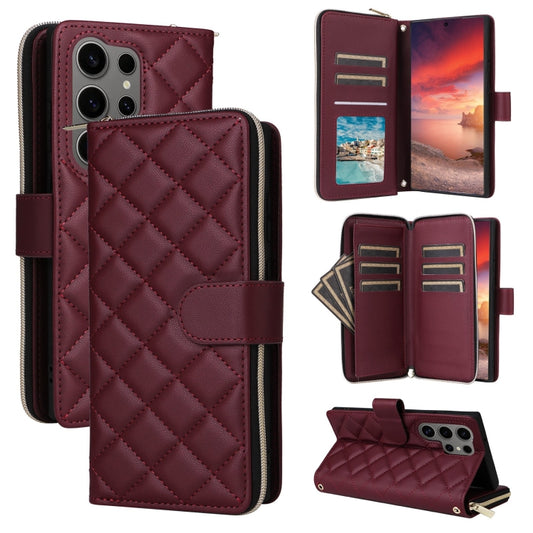 For Samsung Galaxy S25 Ultra 5G Crossbody Rhombic Zipper Tower Buckle Leather Phone Case with Lanyard(Wine Red) by buy2fix